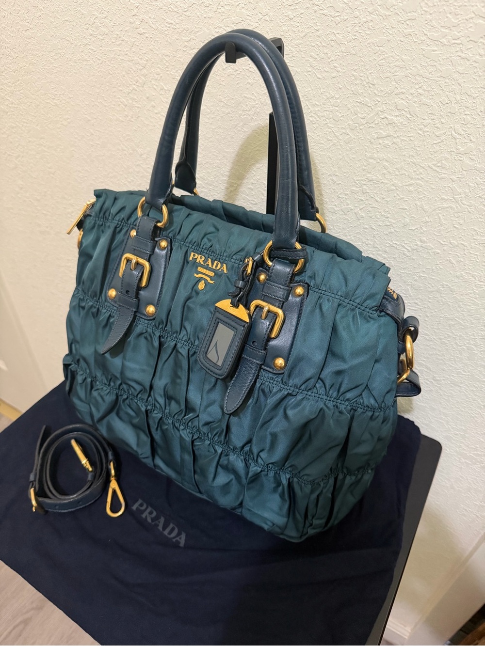Prada Teal Ruched Nylon Satchel with Gold Hardware and Leather Trim - Picture 3 of 7